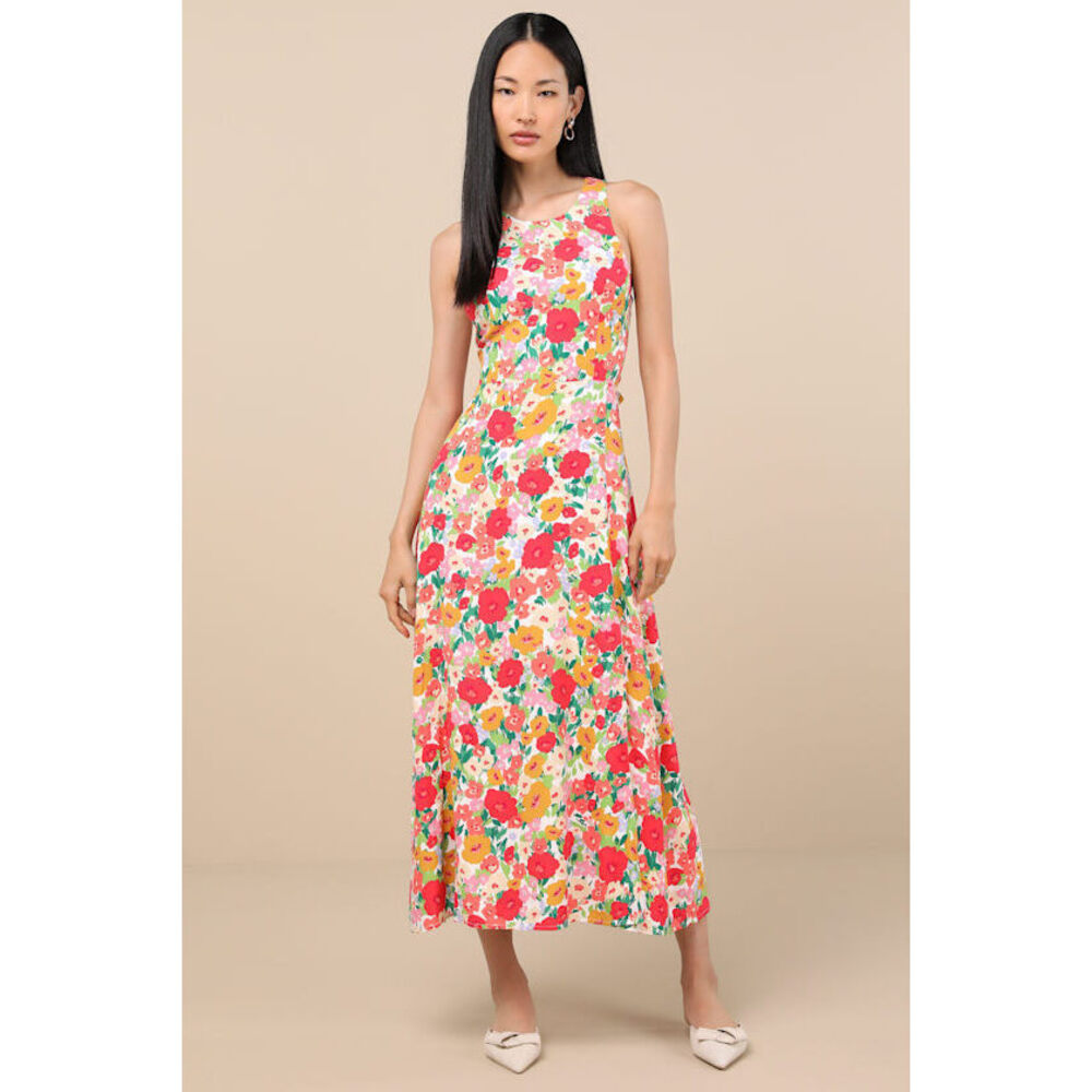 Lulus Flirty Fave White Multi Floral Print Tie-back Midi Dress - Size S